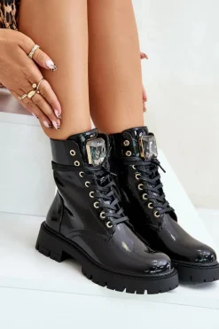 Lakierowane Botki Workery Ocieplane Z Ozdobą Czarne Depisa