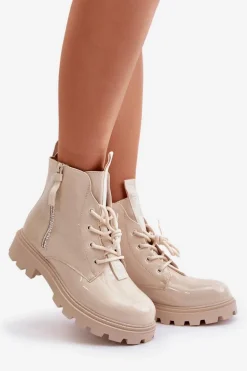 Lakierowane Botki Workery Damskie Ocieplane Z Napisami Beżowe Zinfreya