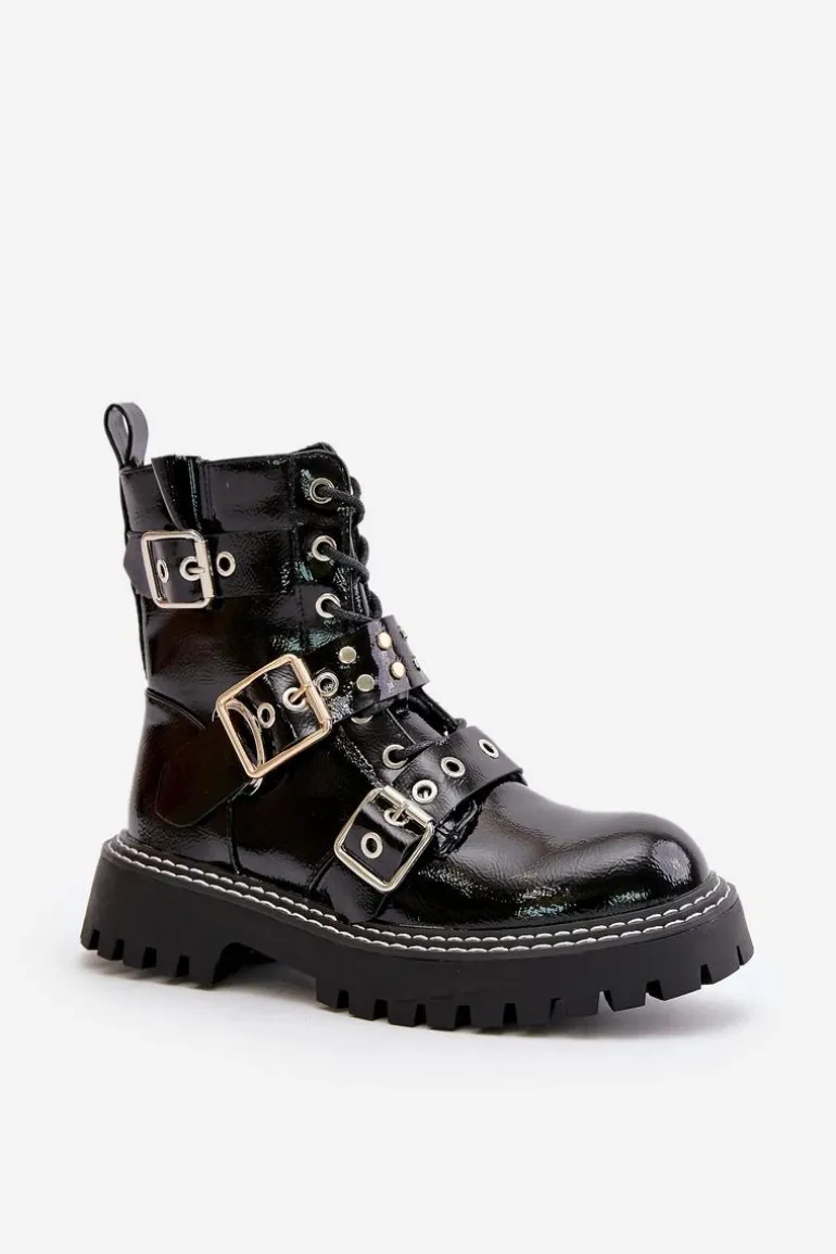 Lakierowane Botki Workery Z Klamrami Czarne Serizia
