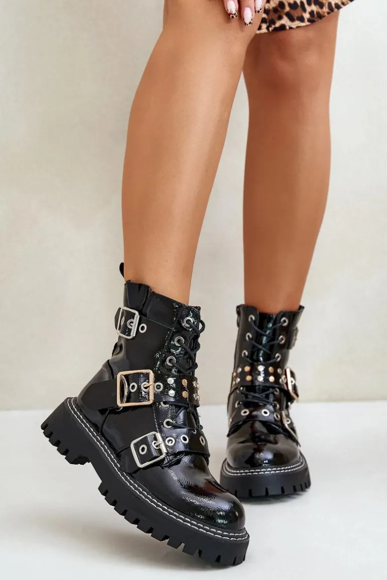 Lakierowane Botki Workery Z Klamrami Czarne Serizia