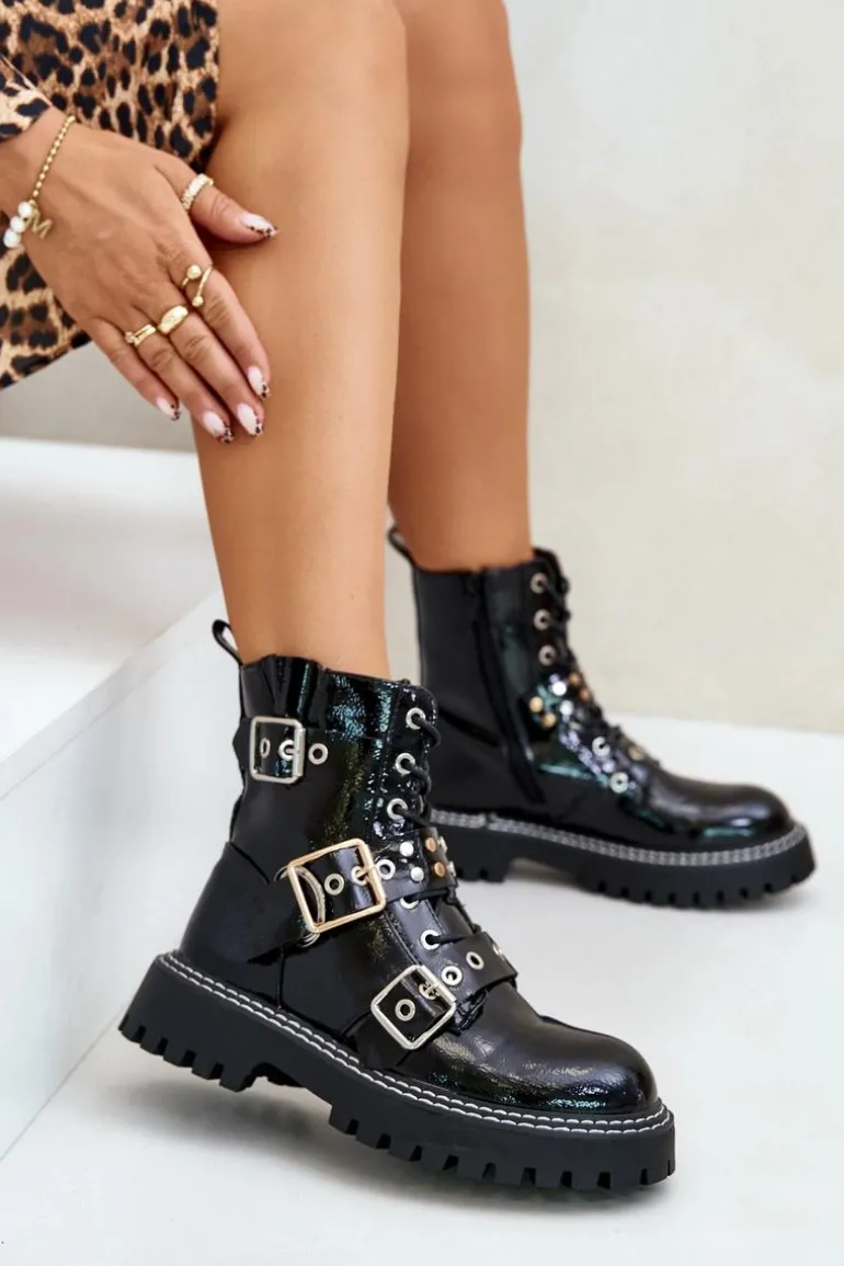 Lakierowane Botki Workery Z Klamrami Czarne Serizia