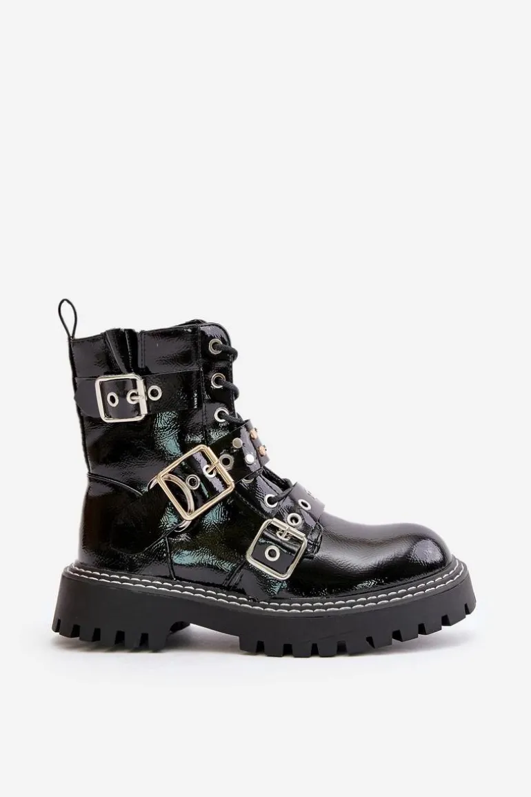 Lakierowane Botki Workery Z Klamrami Czarne Serizia