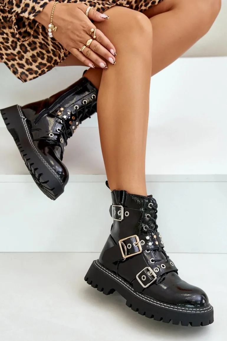 Lakierowane Botki Workery Z Klamrami Czarne Serizia