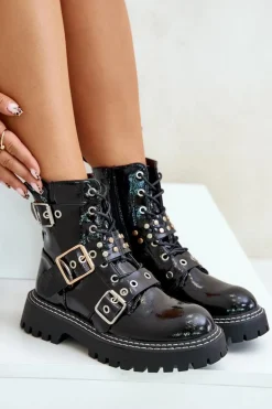 Lakierowane Botki Workery Z Klamrami Czarne Serizia