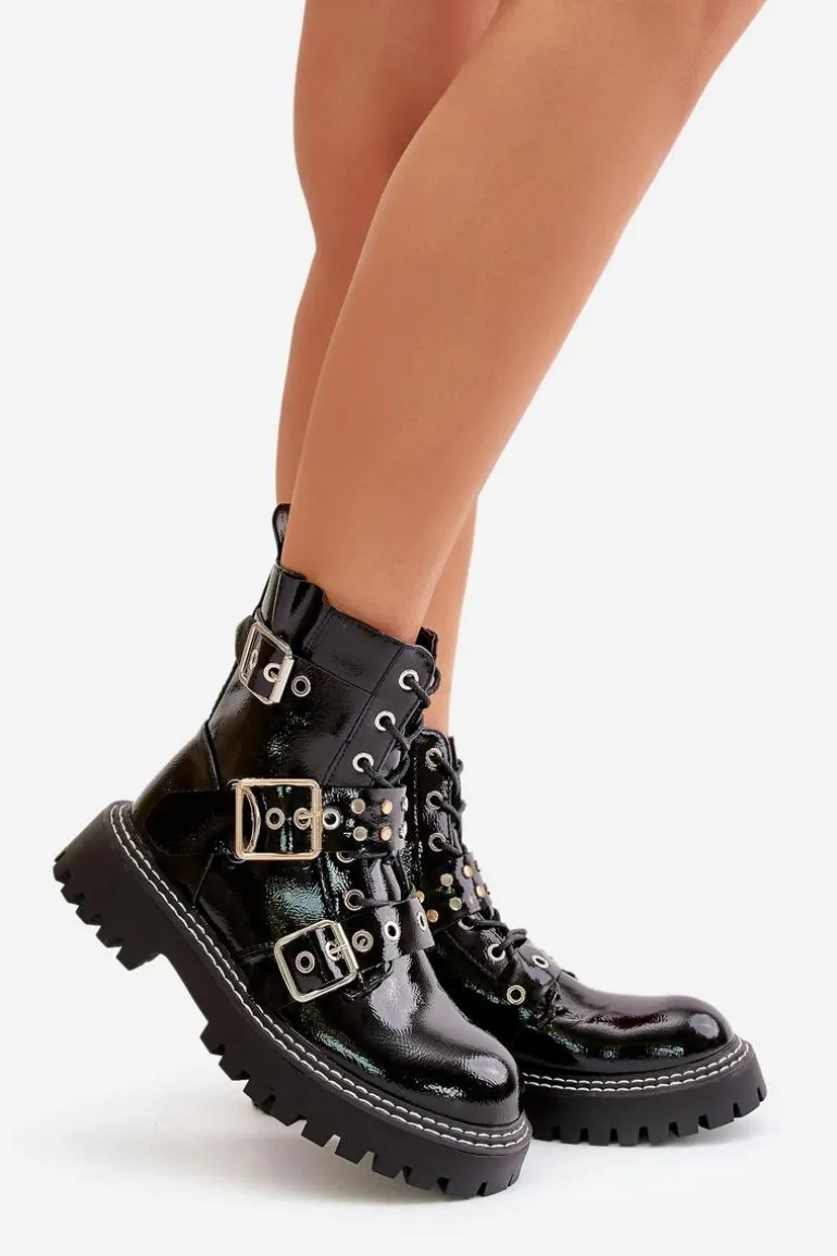 Lakierowane Botki Workery Z Klamrami Czarne Serizia