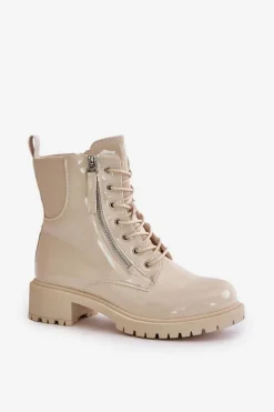 Lakierowane Botki Workery Na Zamek Ocieplane Beżowe Ravanthia