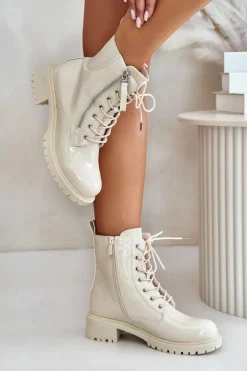 Lakierowane Botki Workery Na Zamek Ocieplane Beżowe Ravanthia