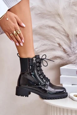 Lakierowane Botki Workery Na Zamek Ocieplane Czarne Ravanthia