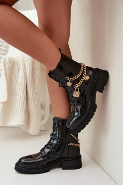 Lakierowane Botki Workery Damskie Ze Złotym Łańcuchem Ocieplane Czarne Sarinae
