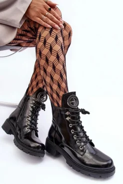 Lakierowane Botki Workery Z Ozdobą Czarne Emmber