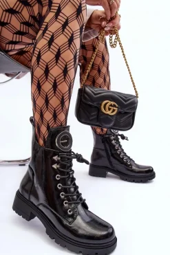 Lakierowane Botki Workery Z Ozdobą Czarne Emmber