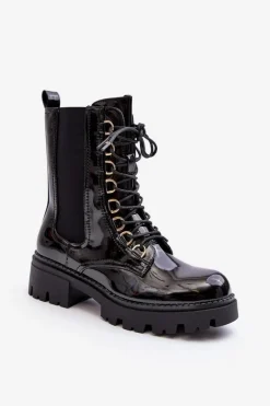 Lakierowane Botki Workery Damskie Czarne Charmea