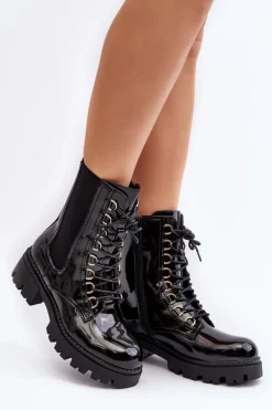 Lakierowane Botki Workery Damskie Czarne Charmea