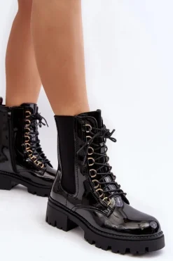 Lakierowane Botki Workery Damskie Czarne Charmea