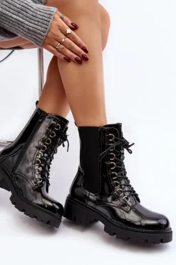 Lakierowane Botki Workery Damskie Czarne Charmea