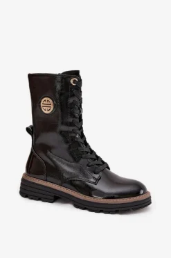 Lakierowane Botki Workery Damskie Ze Złotym Detalem Ocieplane Czarne Dorialine