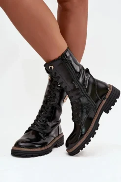 Lakierowane Botki Workery Damskie Ze Złotym Detalem Ocieplane Czarne Dorialine