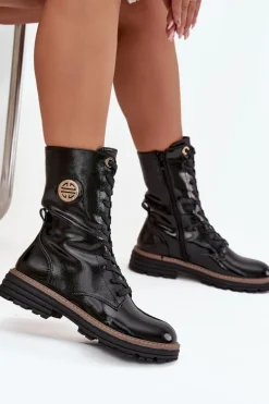 Lakierowane Botki Workery Damskie Ze Złotym Detalem Ocieplane Czarne Dorialine