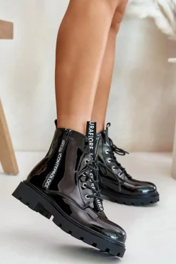 Lakierowane Botki Workery Damskie Ocieplane Z Napisami Czarne Zinfreya