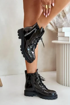 Lakierowane Botki Workery Damskie Ocieplane Z Napisami Czarne Zinfreya