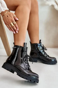 Lakierowane Botki Workery Damskie Ocieplane Z Napisami Czarne Zinfreya