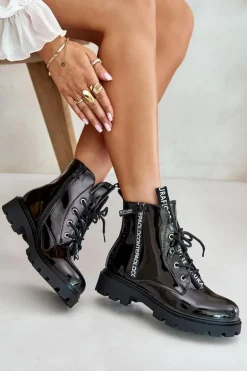 Lakierowane Botki Workery Damskie Ocieplane Z Napisami Czarne Zinfreya