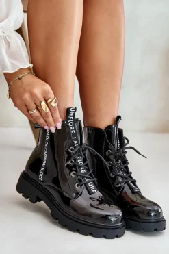 Lakierowane Botki Workery Damskie Ocieplane Z Napisami Czarne Zinfreya