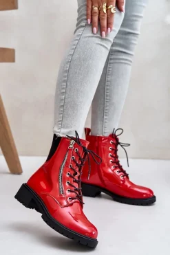 Lakierowane Botki Workery Na Zamek Ocieplane Czerwone Ravanthia