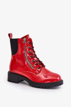 Lakierowane Botki Workery Na Zamek Ocieplane Czerwone Ravanthia