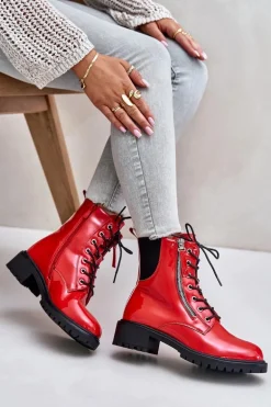 Lakierowane Botki Workery Na Zamek Ocieplane Czerwone Ravanthia