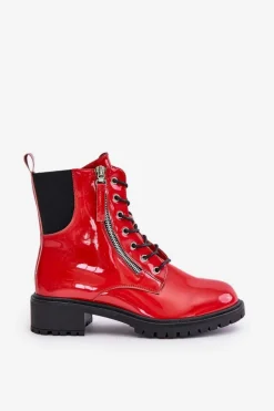 Lakierowane Botki Workery Na Zamek Ocieplane Czerwone Ravanthia