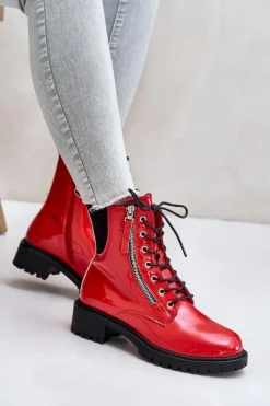 Lakierowane Botki Workery Na Zamek Ocieplane Czerwone Ravanthia