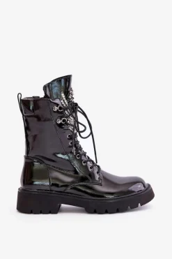 Lakierowane Botki Workery Ze Zdobieniem Ocieplane D&A MR880-080 Czarne