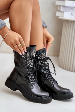 Lakierowane Botki Workery Ze Zdobieniem Ocieplane D&A MR880-080 Czarne