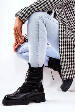 Lakierowane Botki Workery Ze Skarpetą Czarne Connor