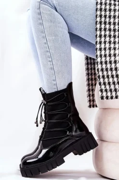 Lakierowane Botki Workery Ze Skarpetą Czarne Connor