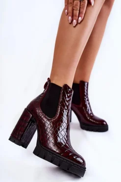 Lakierowane Botki Wężowy Wzór Na Słupku Bordowe Eldey