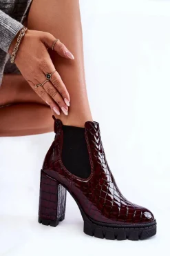 Lakierowane Botki Wężowy Wzór Na Słupku Bordowe Eldey