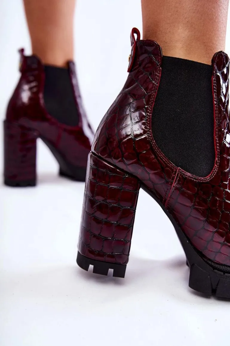 Lakierowane Botki Wężowy Wzór Na Słupku Bordowe Eldey