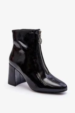 Lakierowane Botki Z Ozdobnym Zamkiem Czarne Sevil