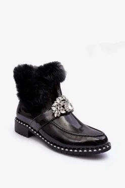 Lakierowane Botki Z Ozdobą I Futerkiem S.Barski MR870-73 Czarne