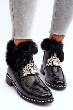 Lakierowane Botki Z Ozdobą I Futerkiem S.Barski MR870-73 Czarne