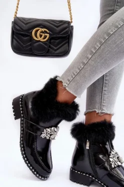 Lakierowane Botki Z Ozdobą I Futerkiem S.Barski MR870-73 Czarne