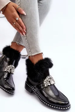 Lakierowane Botki Z Ozdobą I Futerkiem S.Barski MR870-73 Czarne