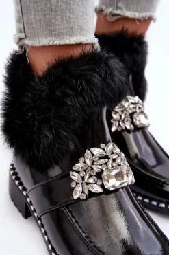 Lakierowane Botki Z Ozdobą I Futerkiem S.Barski MR870-73 Czarne