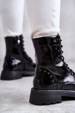 Lakierowane Botki Z Ćwiekami Czarne Palmira