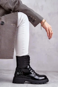 Lakierowane Botki Z Ćwiekami Czarne Palmira