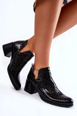 Lakierowane Botki Z Wycięciami Krokodyli Wzór Czarne Dalros