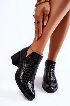 Lakierowane Botki Z Wycięciami Krokodyli Wzór Czarne Dalros