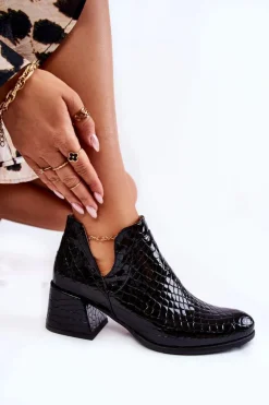 Lakierowane Botki Z Wycięciami Krokodyli Wzór Czarne Dalros